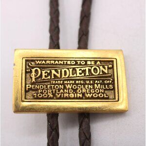 Pendleton Slide Bolo Tie Brown Braided Leather Cord Brass Tips Rectangle Vintage